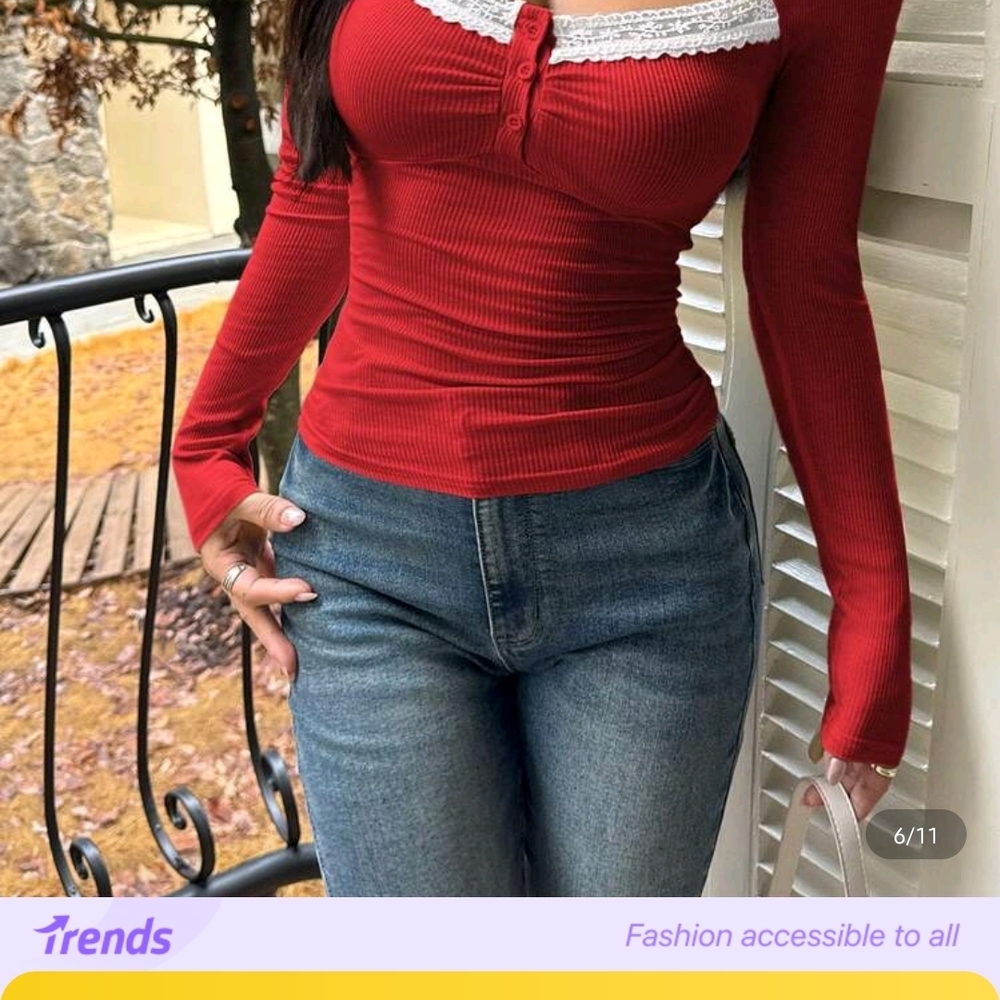 Source Unknown Red Lace Trim Long Sleeve Top